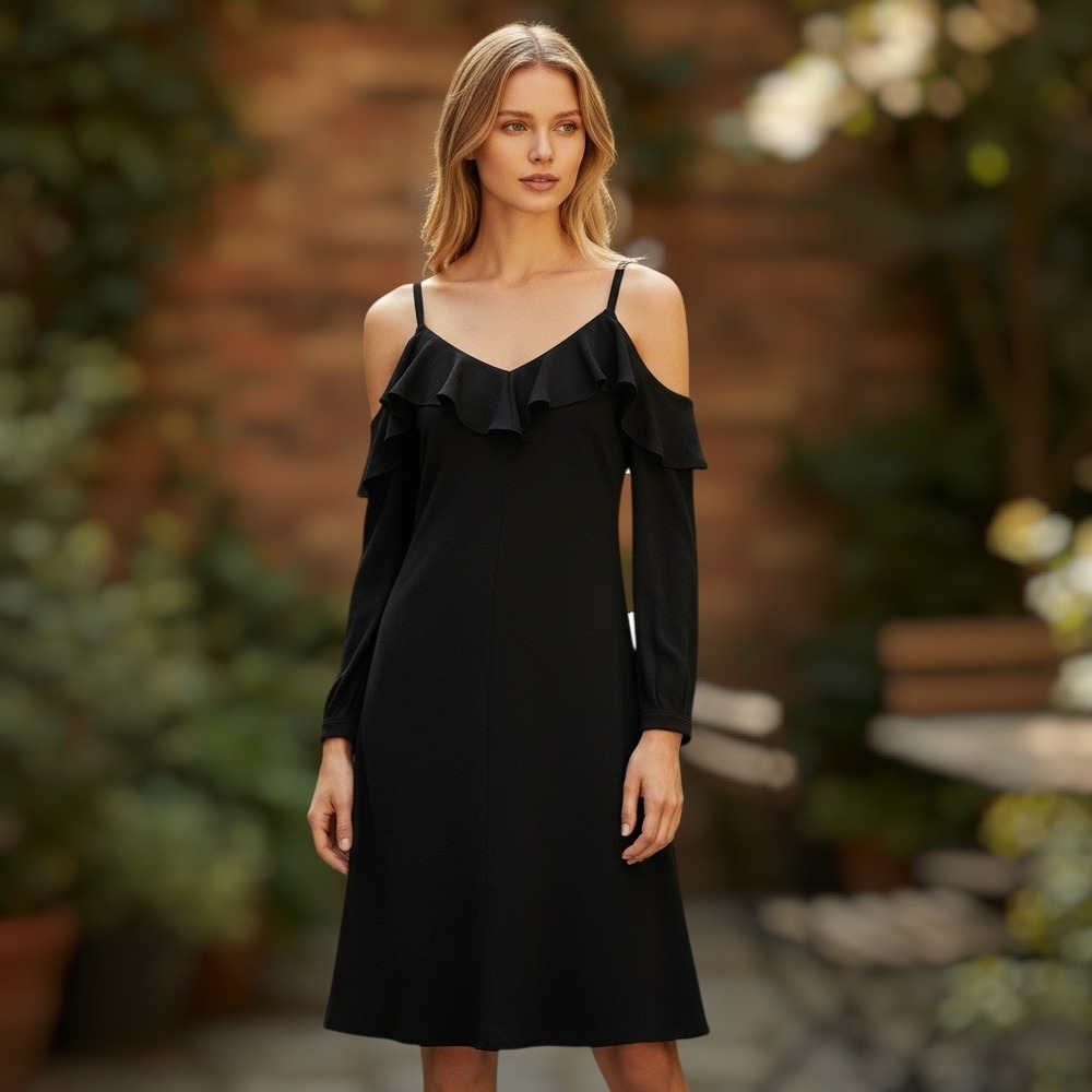 A.L.C. Felicia Black Cold Shoulder Ruffle Dress Size 0 Italian Fabric‎